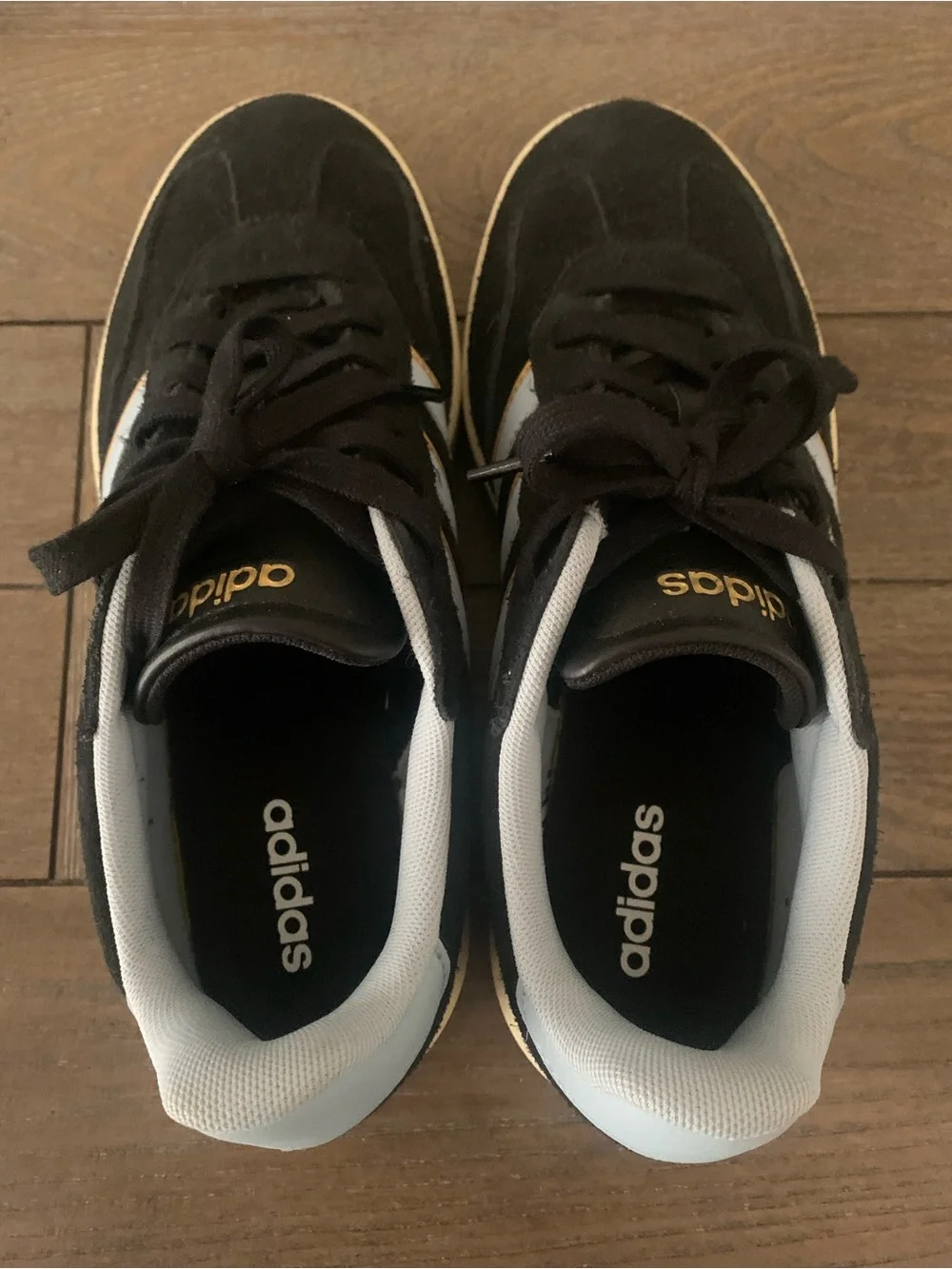adidas Black Suede Sneakers with Light Blue Stripes and Gold Trim